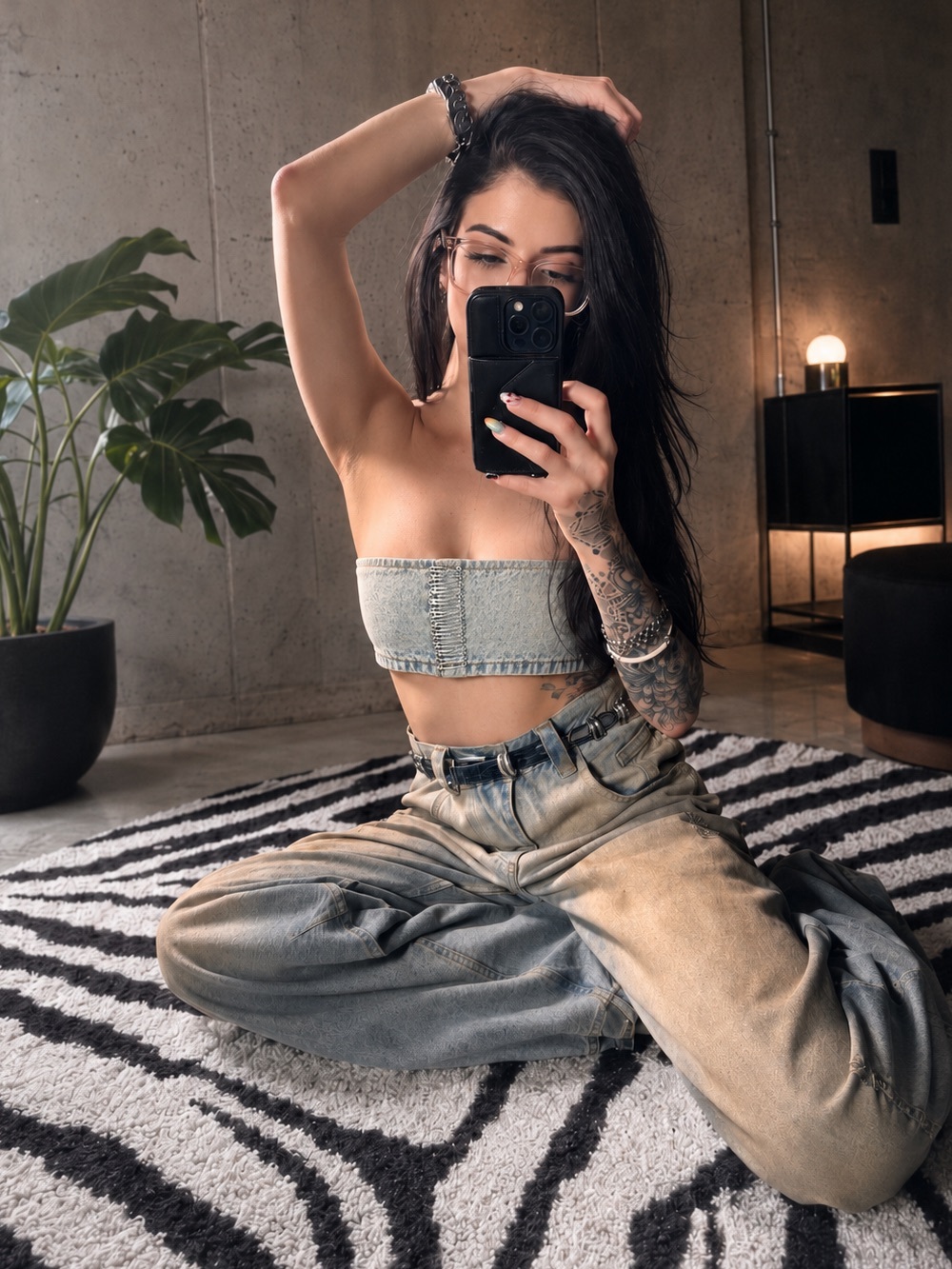 Denim Bandeau Top in Light Wash - Strap Detail